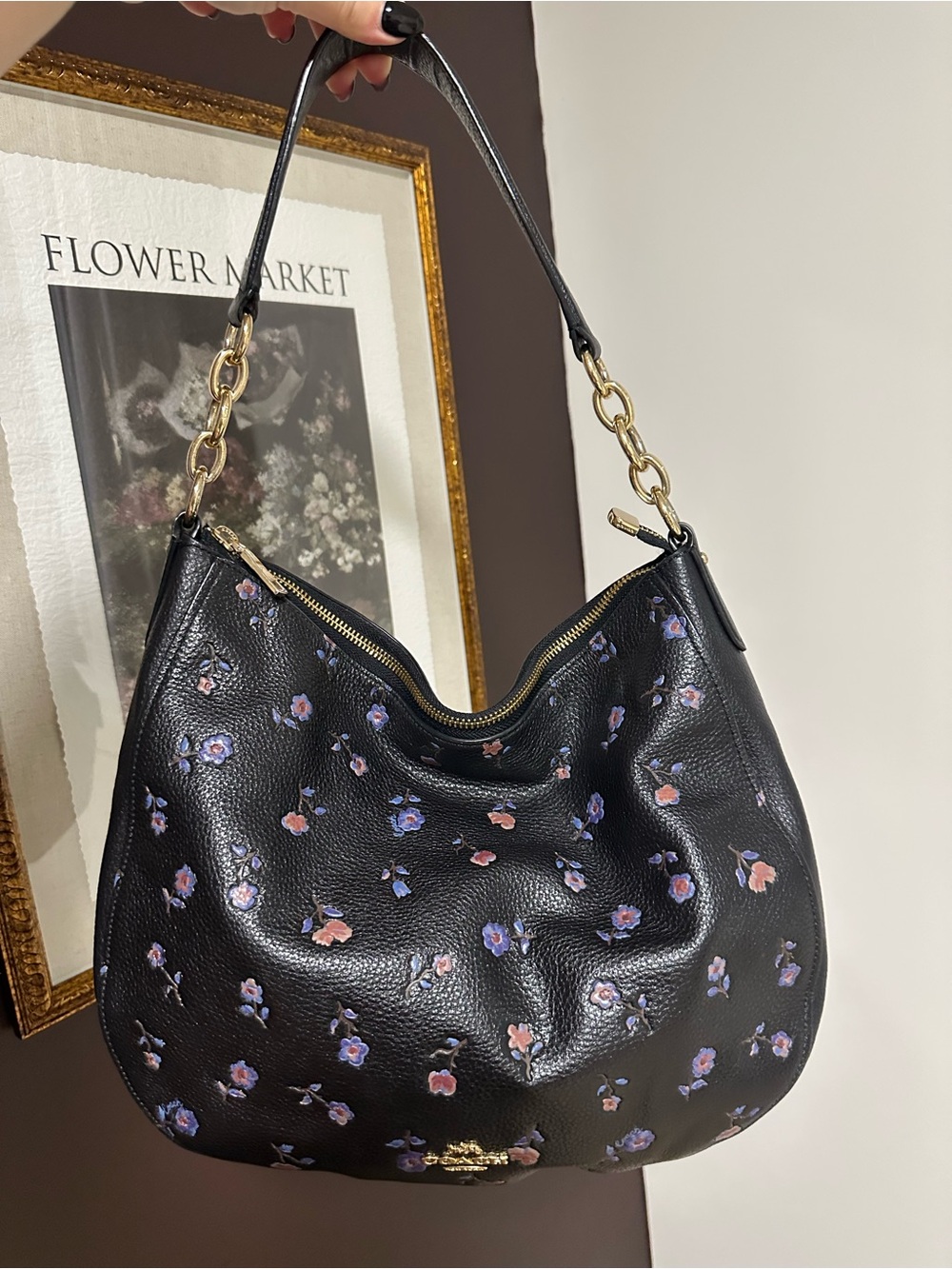 Coach Floral Leather Hobo Shoulder Bag Gold Chain 34323